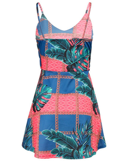 V-Neck Strapless Sleeveless Backless Bandage Print Mini Dress