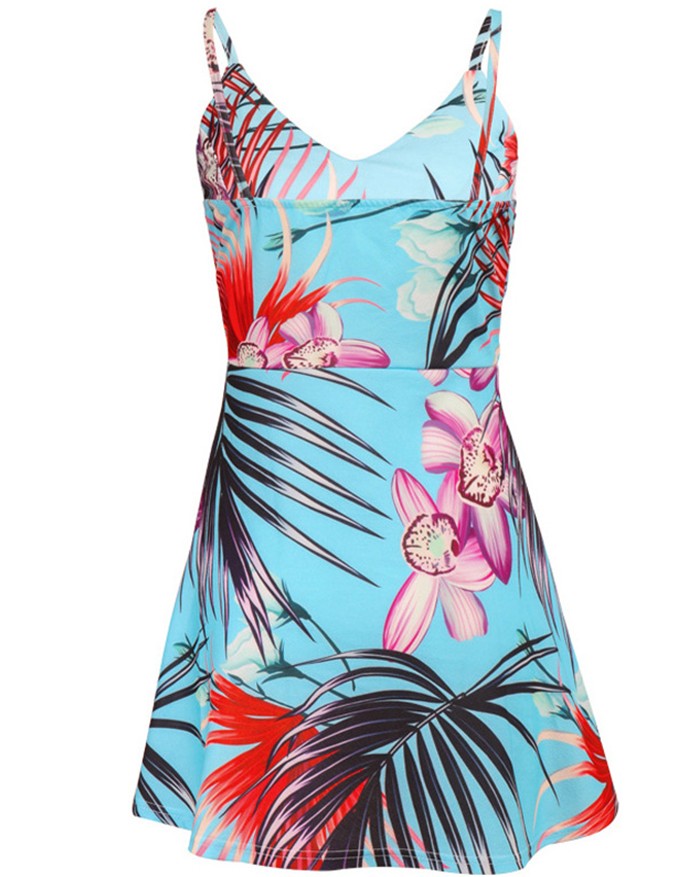 V-Neck Strapless Sleeveless Backless Bandage Print Mini Dress