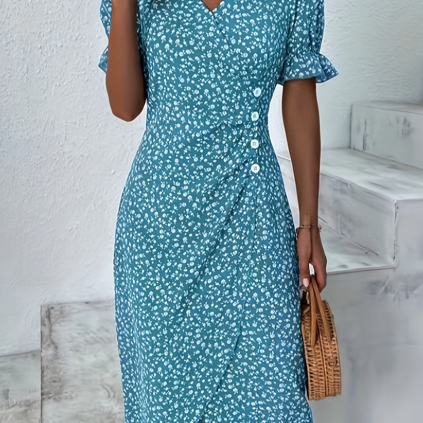 「binfenxie」Ditsy Floral Print Dress, Elegant Button Front Short Sleeve Summer Dress, Women's Clothing