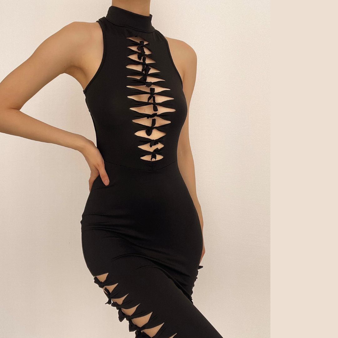 Sleeveless Hollow Out Solid Backless Knotted Cut Out Midi Dress