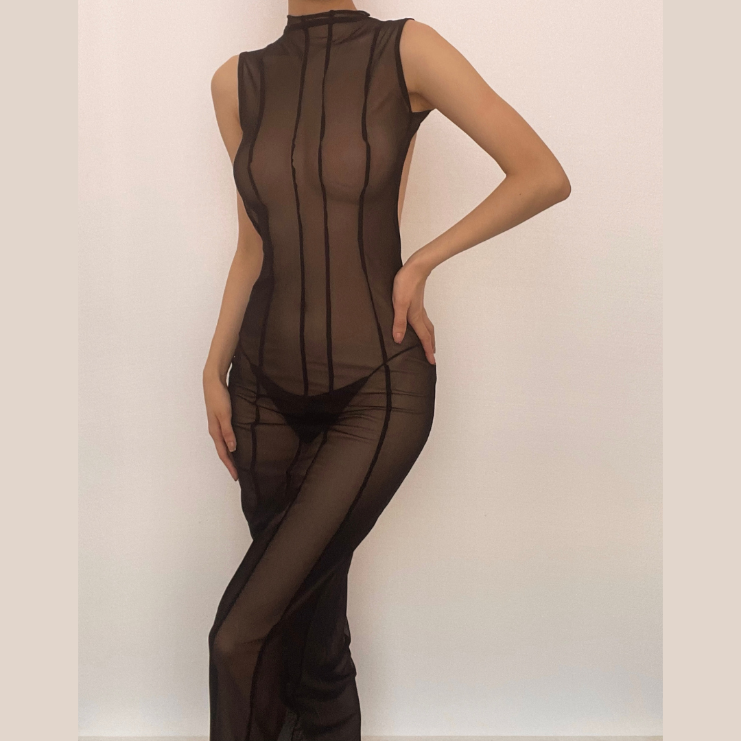 Sleeveless Solid Sheer Mesh See Through Backless Midi Dress