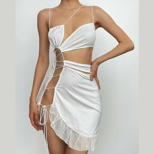 Irregular Hollow Out Ruffle Backless One Shoulder Spaghetti Strap Cut Out Mini Dress