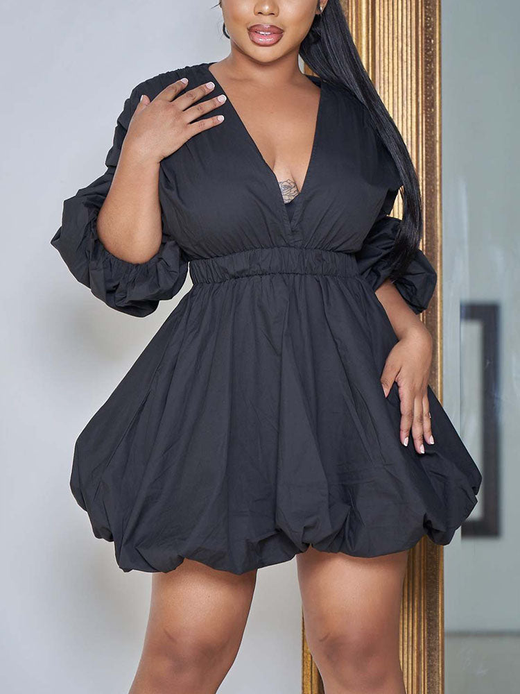 Solid Puff Sleeves Mini Dress