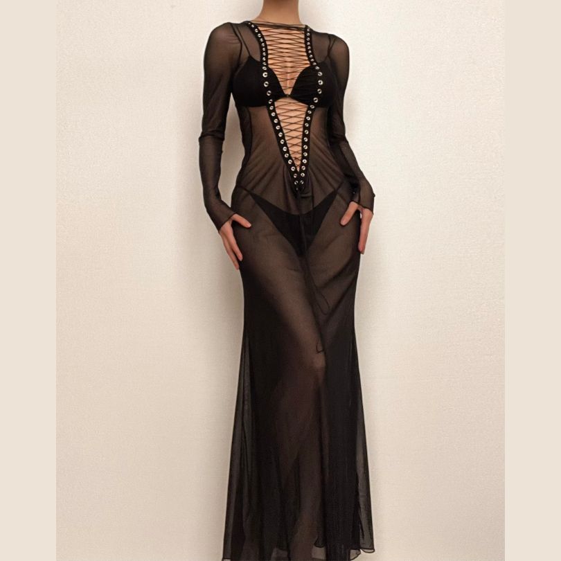 Long Sleeve Lace Up Sheer Mesh See Through Maxi Dress