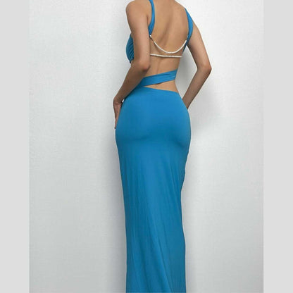 Backless Hollow Out O Ring Pearl Chain Solid Cut Out Maxi Dress