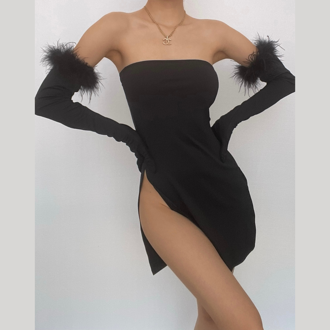 Feather Solid Slit Backless Gloves Tube Mini Dress