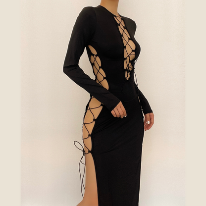 Long Sleeve Solid Hollow Out Slit Self Tie Lace Up Cut Out Midi Dress