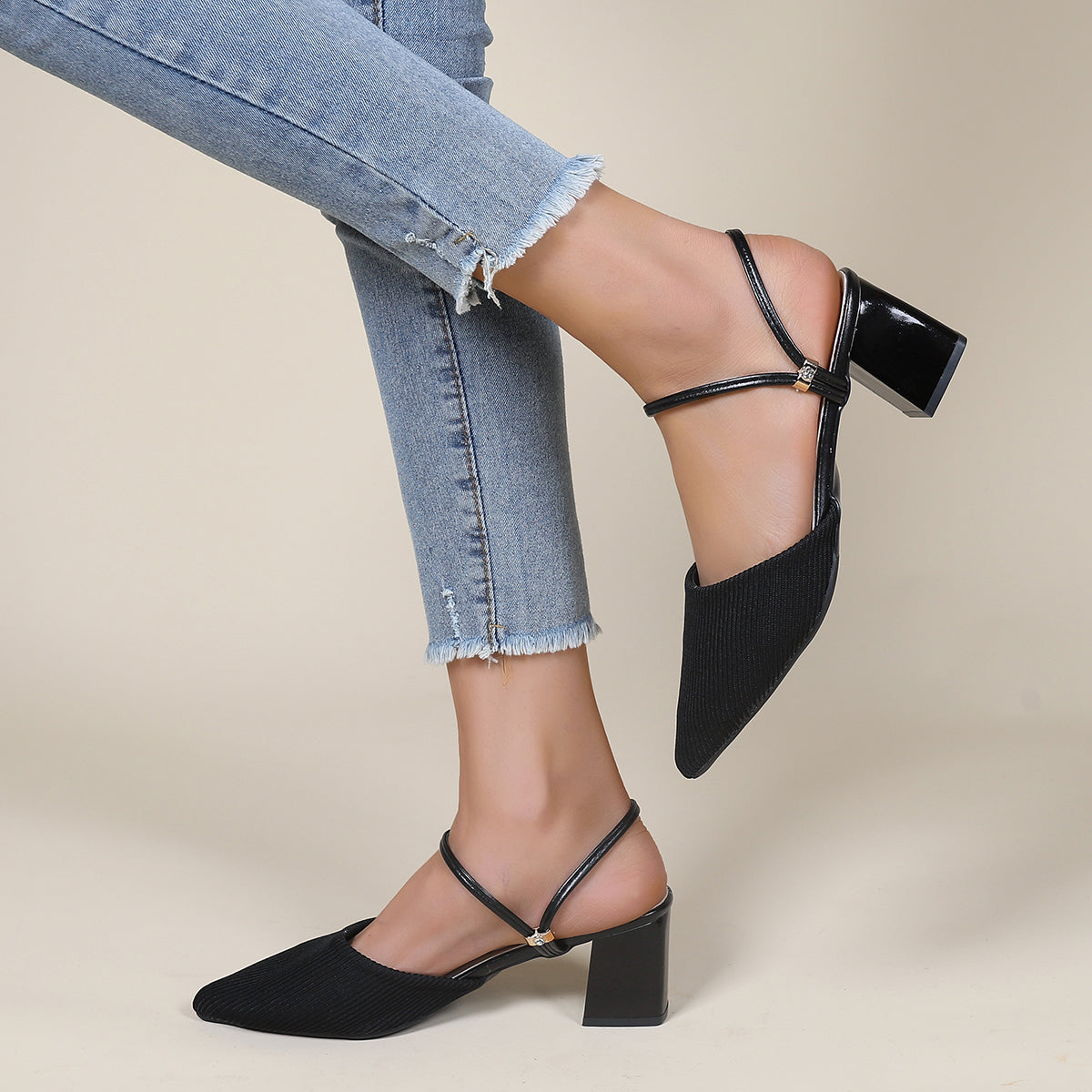 Pointed Toe Slingback Pumps Mary Jane Block Heel Mules Shoes