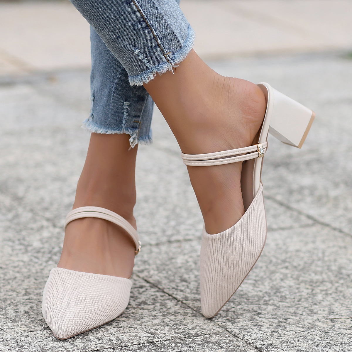 Pointed Toe Slingback Pumps Mary Jane Block Heel Mules Shoes