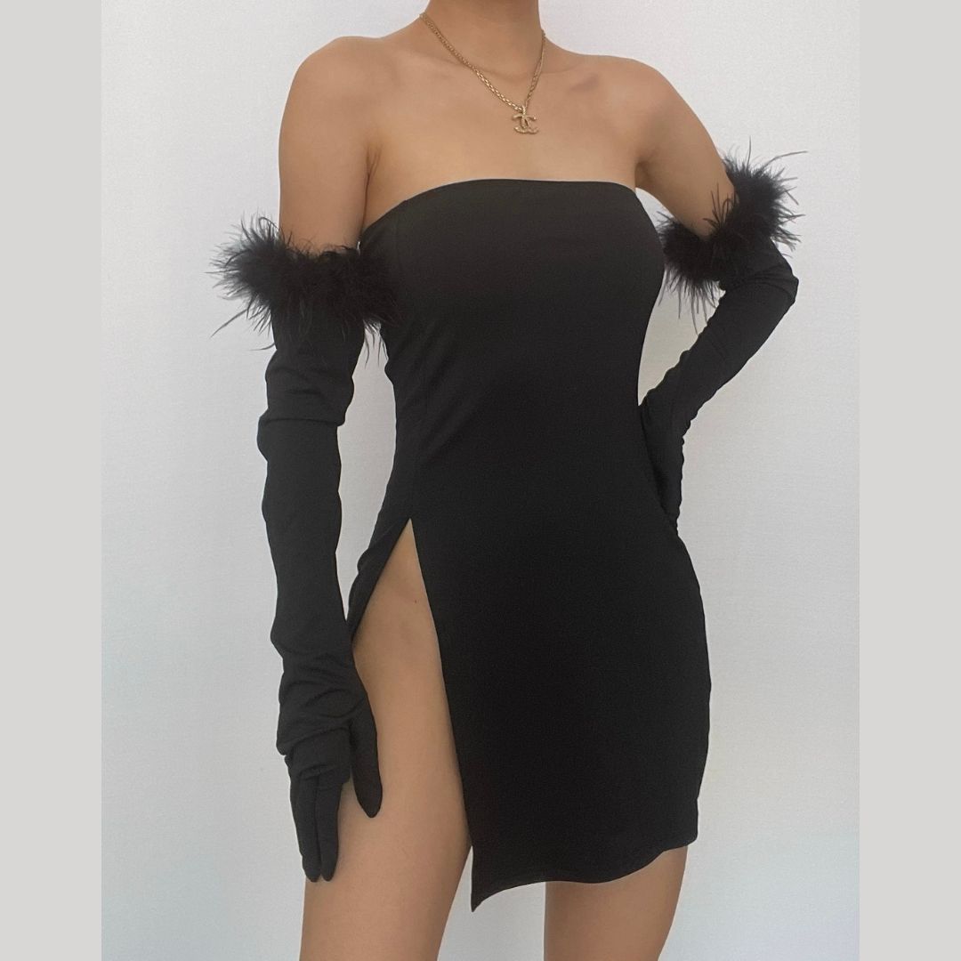 Feather Solid Slit Backless Gloves Tube Mini Dress