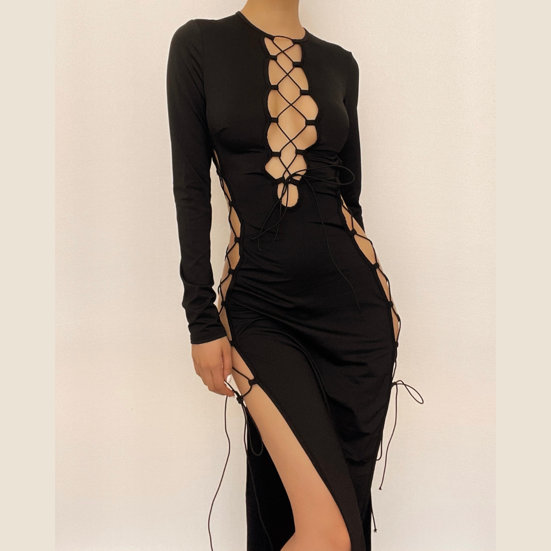 Long Sleeve Solid Hollow Out Slit Self Tie Lace Up Cut Out Midi Dress