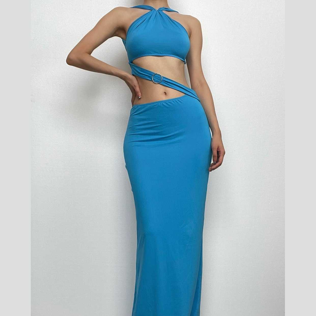 Backless Hollow Out O Ring Pearl Chain Solid Cut Out Maxi Dress