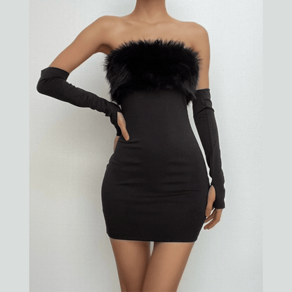 Furry Gloves Solid Backless Tube Mini Dress