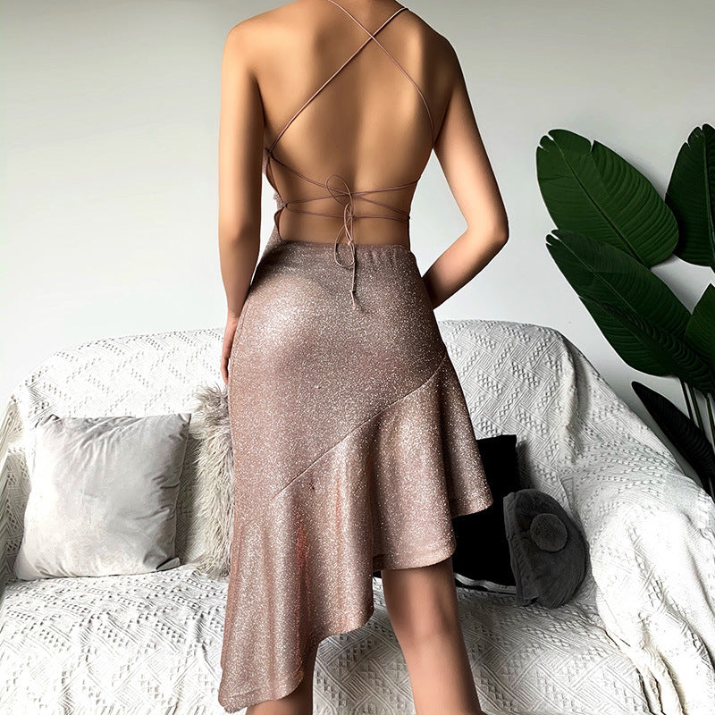 binfenxie-shop hoco dresses Knitted Glitter Sexy Backless Sling Dress 2024 Summer Women's Fashion Temperament Skirt