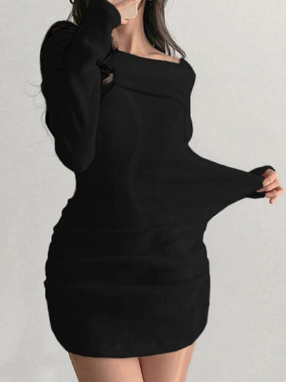 Solid Shirred Lapel Neck Knit Mini Dress