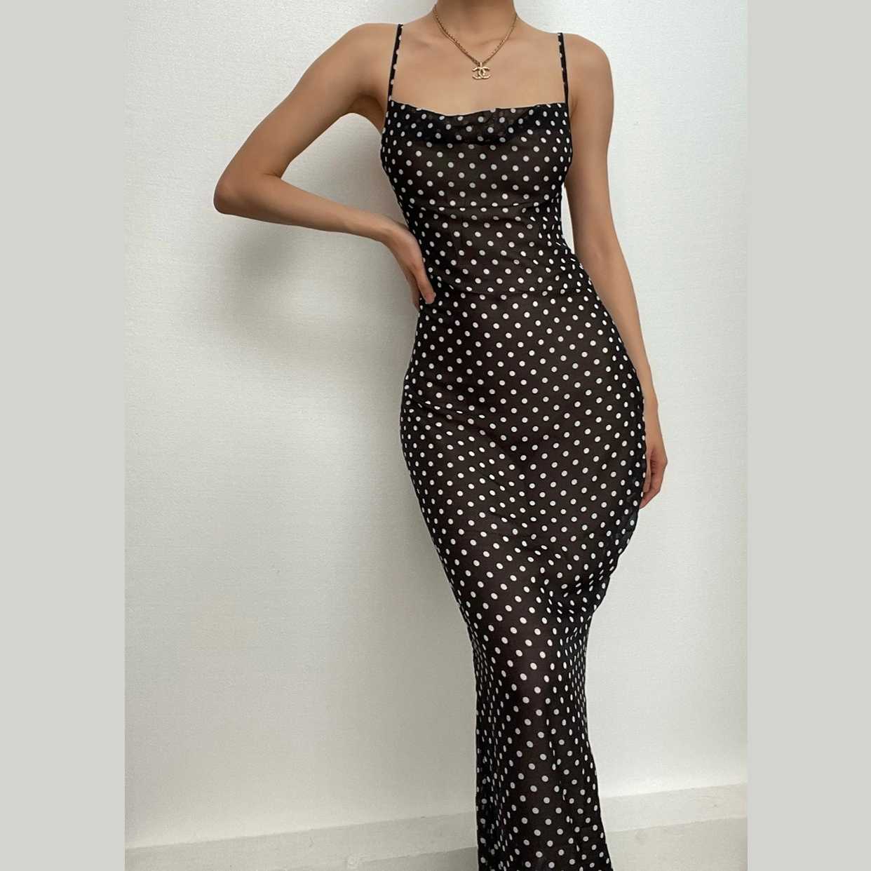 Cowl Neck Polka Dot Mesh See Through Maxi Dress