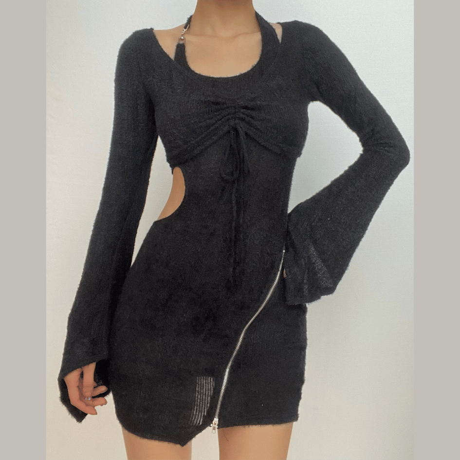 Textured Zip-Up Drawstring Hollow Out Halter Long Sleeve 2 Piece Cut Out Mini Dress