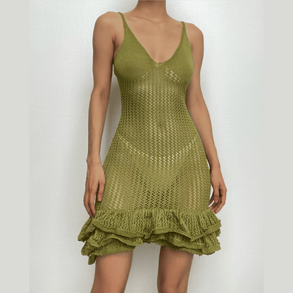 Crochet V Neck Sleeveless Hollow Out Ruffle Cut Out Mini Dress