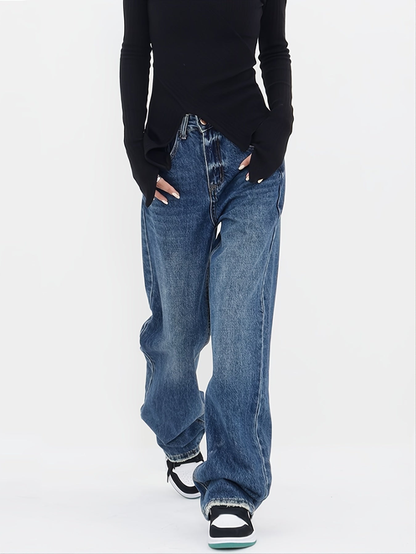 「binfenxie」Blue High Waist Straight Jeans, Loose Fit High Rise Slash Pockets Non-Stretch Denim Pants, Women's Denim Jeans & Clothing