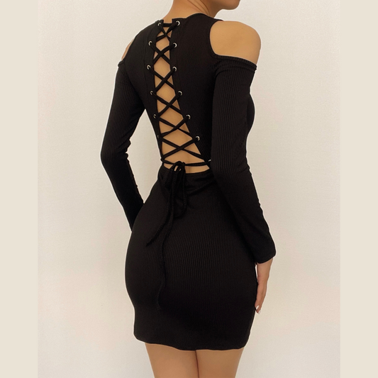 Long Sleeve Solid Hollow Out Lace Up Self Tie Cut Out Mini Dress