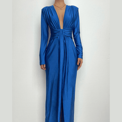 Long Sleeve V Neck Ruched Slit Solid Irregular Maxi Dress