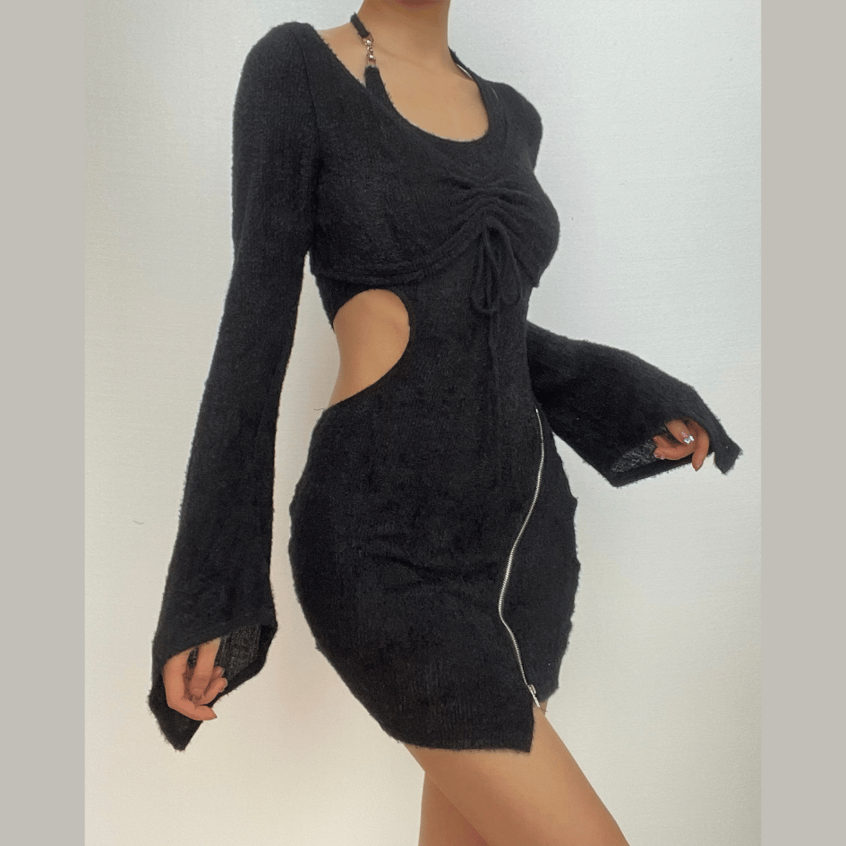 Textured Zip-Up Drawstring Hollow Out Halter Long Sleeve 2 Piece Cut Out Mini Dress