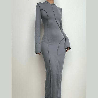 Stitch Hoodie Solid Long Sleeve Slit Maxi Dress