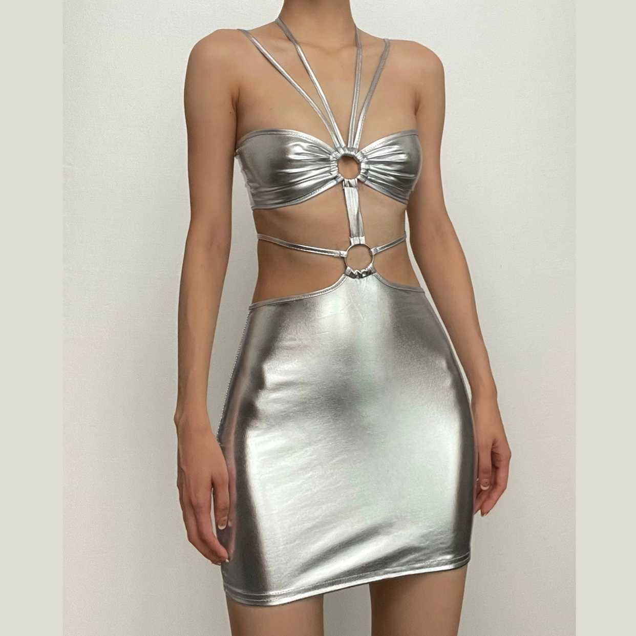 Metallic O Ring Halter Self Tie Backless Hollow Out Cut Out Mini Dress