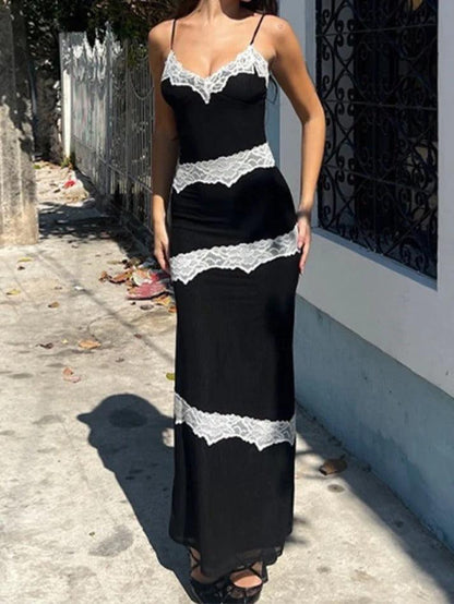 Lace Patchwork V Neck Maxi Dress