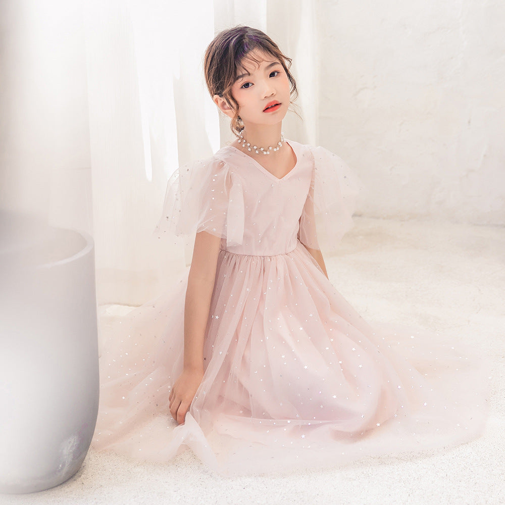 Girls' Summer Children Shirt Cross-Border Hot in Stock Older Children Girls' Dress Princess Dress XINGX Super Fairy Mesh Dress