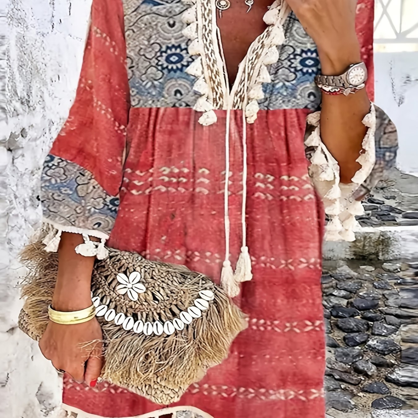 「binfenxie」Retro Print Boho Dress, V Neck Tassels Casual Dress For Spring & Summer, Women's Clothing