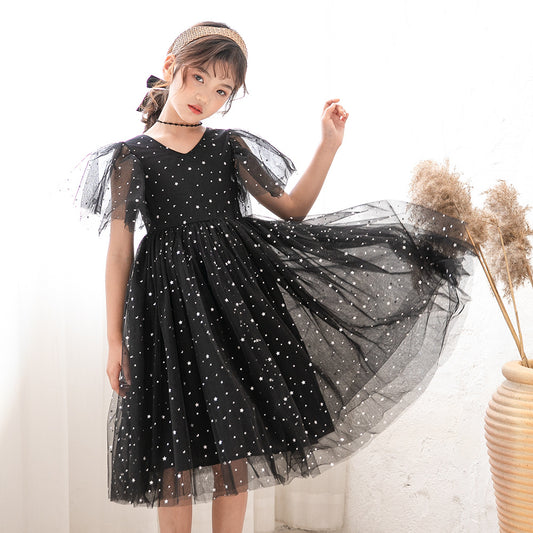 Girls' Summer Children Shirt Cross-Border Hot in Stock Older Children Girls' Dress Princess Dress XINGX Super Fairy Mesh Dress