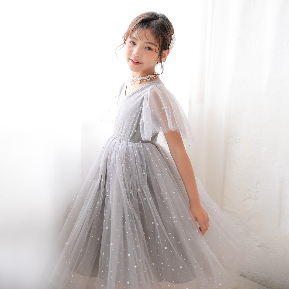 Girls' Summer Children Shirt Cross-Border Hot in Stock Older Children Girls' Dress Princess Dress XINGX Super Fairy Mesh Dress