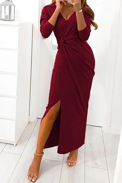 binfenxie - Elegant Solid Slit Fold V Neck Evening Dress Dresses(4 Colors)