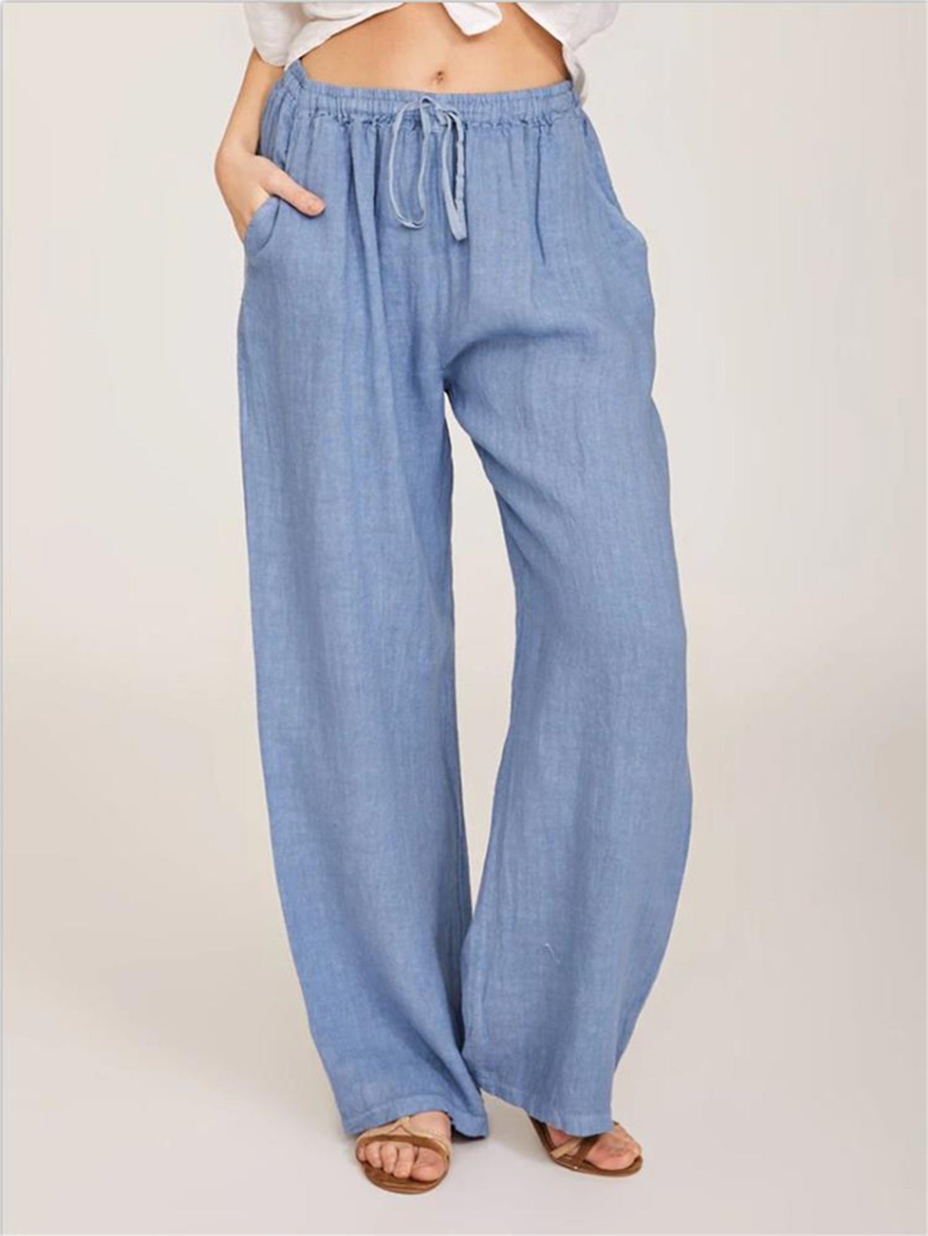 「binfenxie」Drawstring Wide Leg Pants, Solid Loose Palazzo Pants, Casual Every Day Pants, Women's Clothing