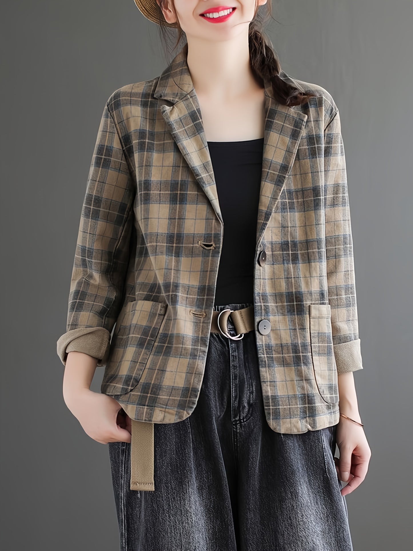 「binfenxie」Literary Cotton Linen Plaid Blazer, Women's Casual Coat