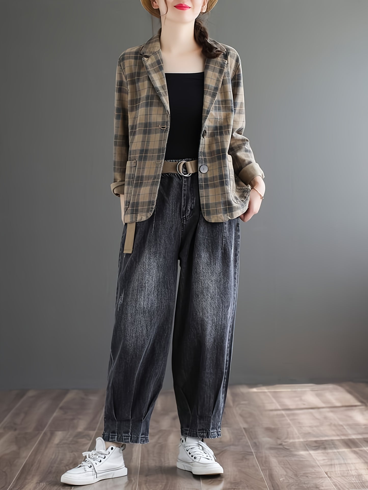 「binfenxie」Literary Cotton Linen Plaid Blazer, Women's Casual Coat