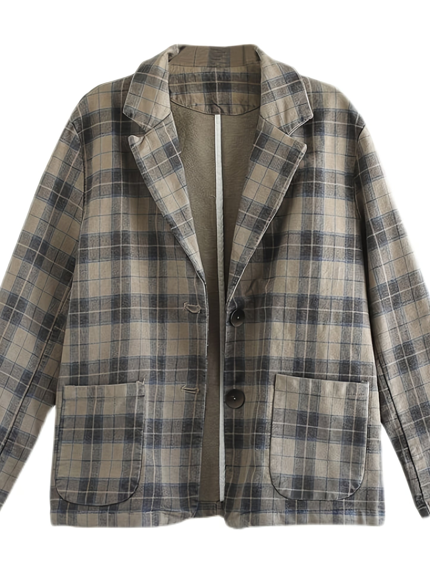 「binfenxie」Literary Cotton Linen Plaid Blazer, Women's Casual Coat