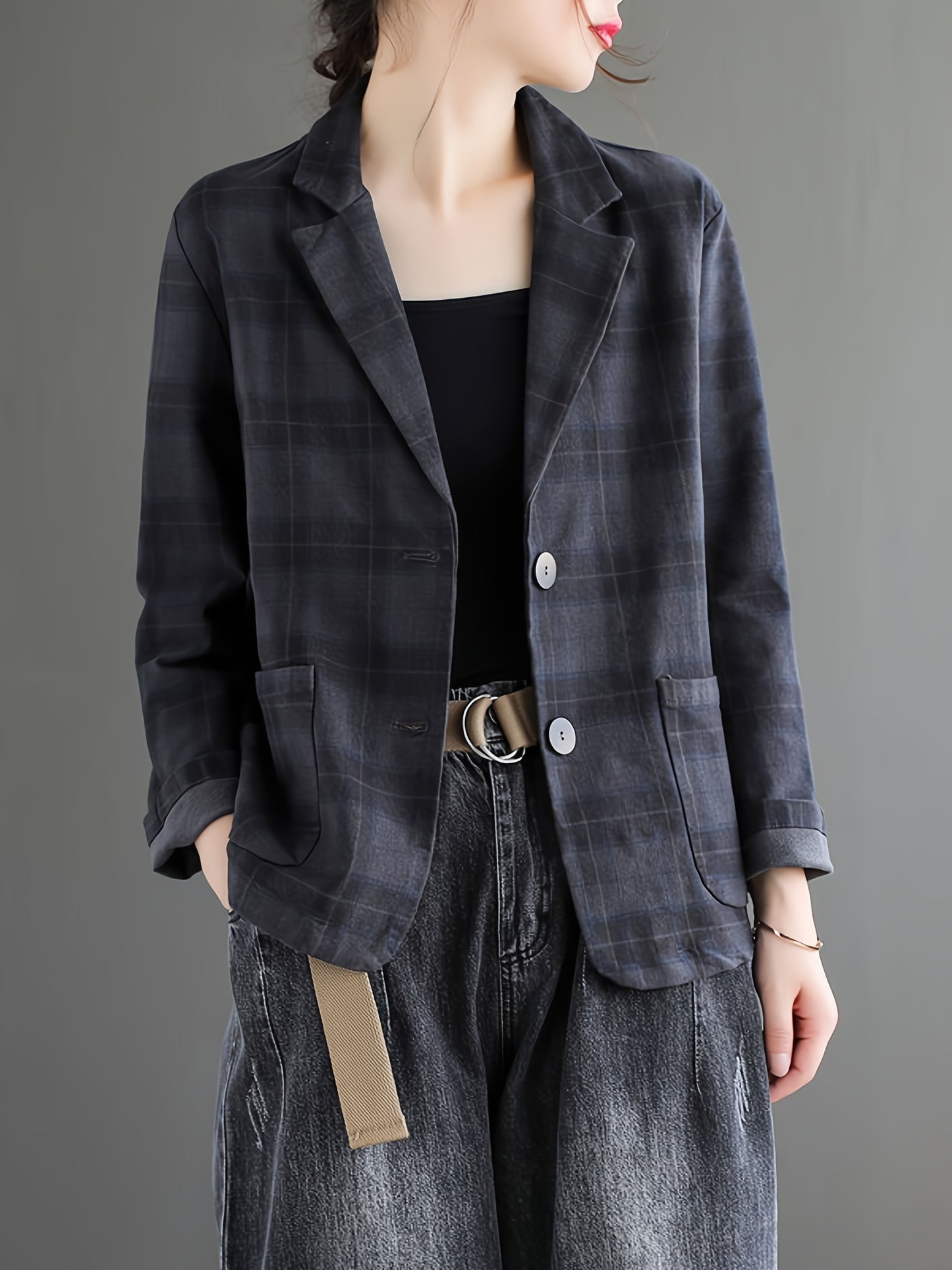 「binfenxie」Literary Cotton Linen Plaid Blazer, Women's Casual Coat