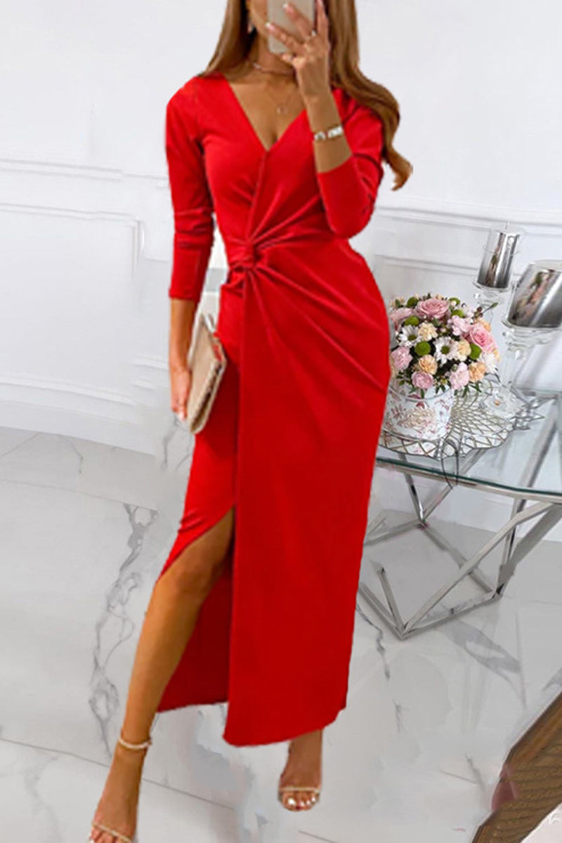 binfenxie - Elegant Solid Slit Fold V Neck Evening Dress Dresses(4 Colors)