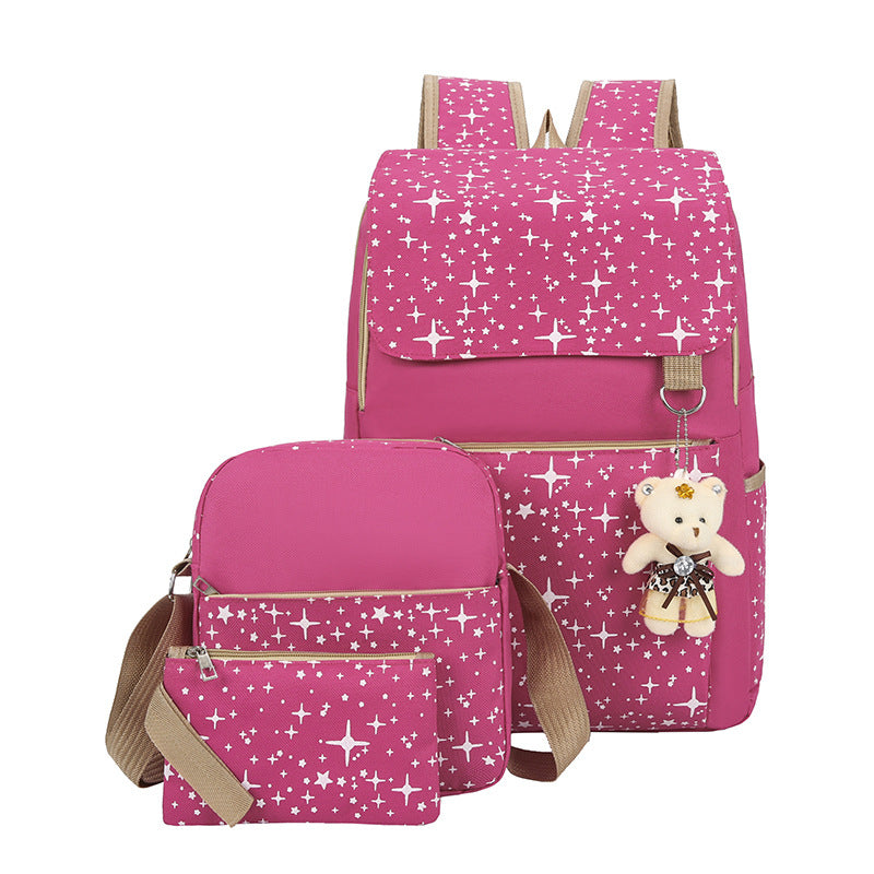 3-Piece Star Print School Backpack Set with Bear Charm - Durable Geometric Fabric, Zipper Closure, Polyester Lining, Includes Shoulder Bag & Pencil Case for Back to School Essentials