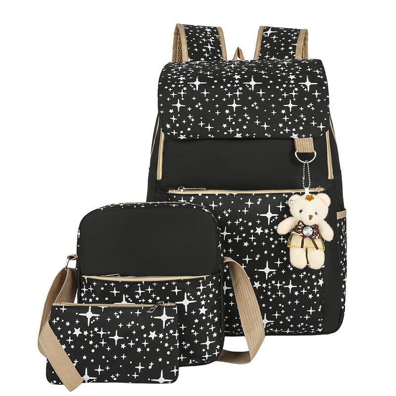 3-Piece Star Print School Backpack Set with Bear Charm - Durable Geometric Fabric, Zipper Closure, Polyester Lining, Includes Shoulder Bag & Pencil Case for Back to School Essentials