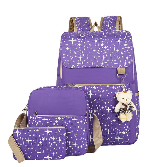 3-Piece Star Print School Backpack Set with Bear Charm - Durable Geometric Fabric, Zipper Closure, Polyester Lining, Includes Shoulder Bag & Pencil Case for Back to School Essentials