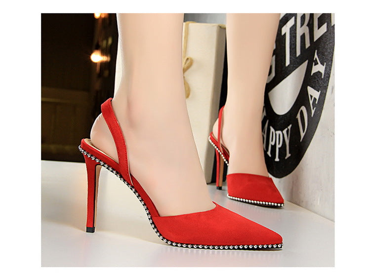 Women Nightclub Slim High-heeled Shoes Suede Shallow Strap Rivet Pointed Toe Women's Sandals