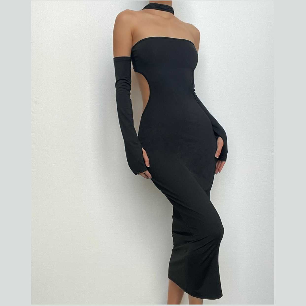 Gloves Halter Solid Button Hollow Out Backless Cut Out Midi Dress