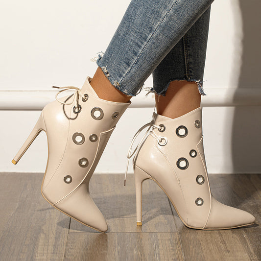 Women Lace Up Stiletto Heel Booties Pointed Toe Ankle Boots