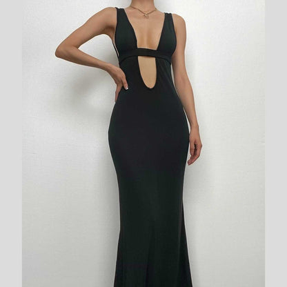 Sleeveless Low Cut Hollow Out Solid Backless Cut Out Maxi Dress