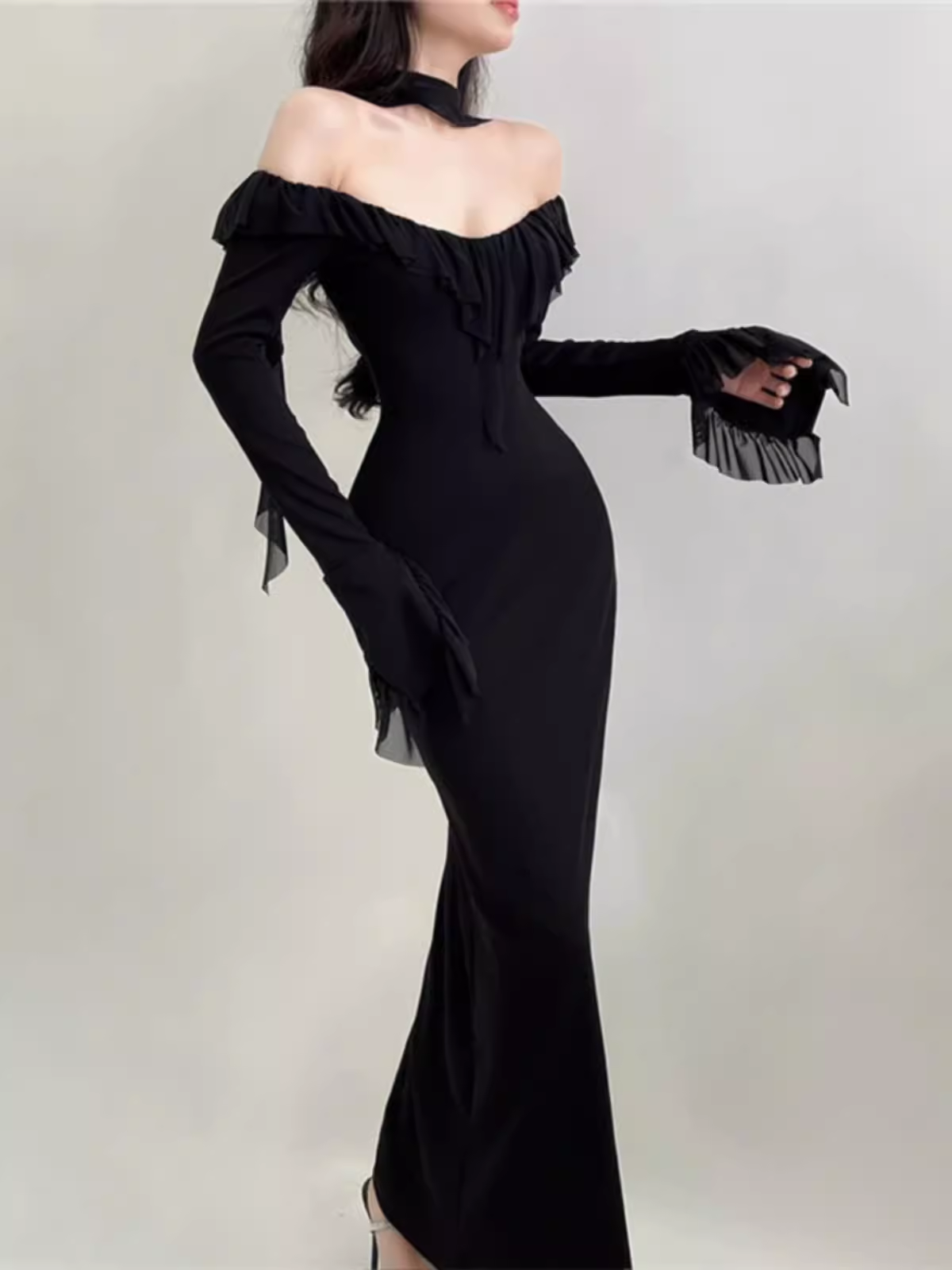 Sexy Black Long Dress - Mesh Ruffles Evening Dress Party Club Robe