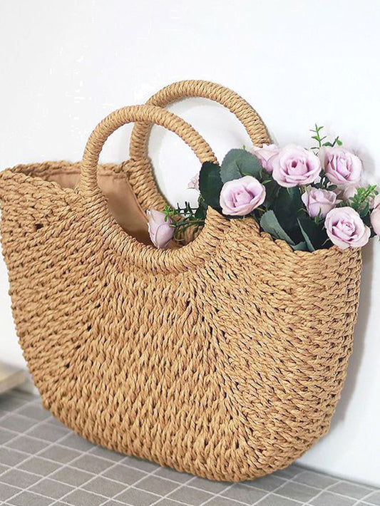 binfenxie - Ring Handle Design Straw Bag  - Women Tote Bags