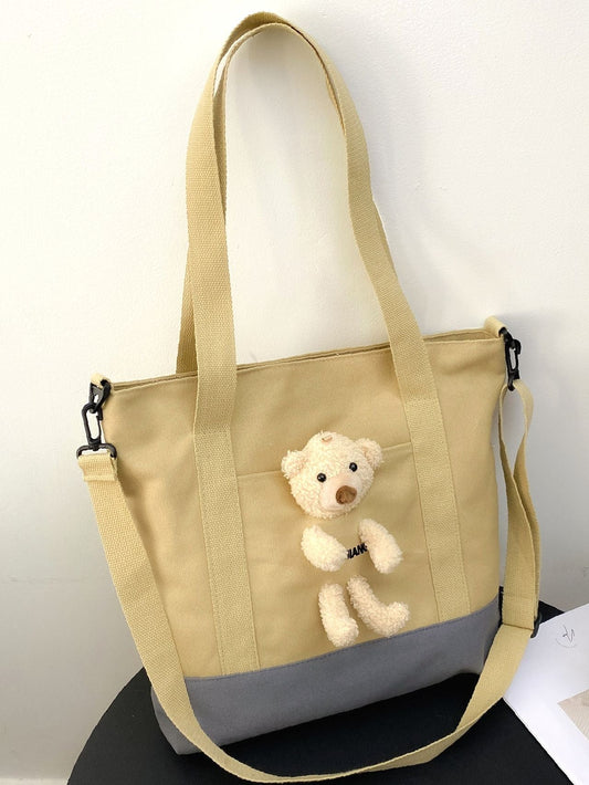 binfenxie - Two Tone Cartoon Bear Decor Shopper Bag  - Women Tote Bags